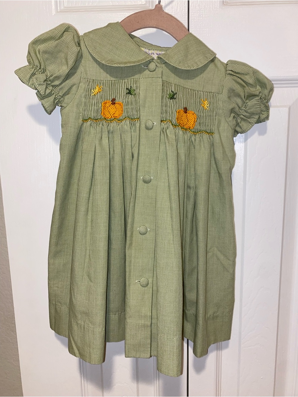 Smocked Green Pumpkin Embroidered Girls Dress 12M
